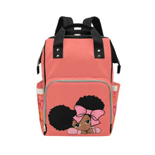 Load image into Gallery viewer, Designer Diaper Bag - African American Baby Girl With Afro Pigtails Coral Multi-Function Backpack