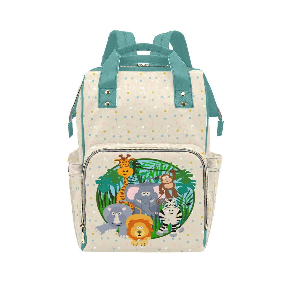 Designer Diaper Bag - Cartoon Zoo Animals On Fun Colorful Dots - Green Multi-Function Backpack