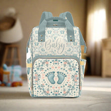 Load image into Gallery viewer, Baby Bag Backpack - Cute Boho Baby&#39;s Footprints in Green Multi-Function Backpack