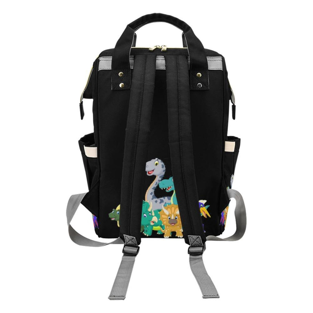 Designer Baby Bag With Cute Cartoon Dinosaurs - Waterproof Multifunction Backpack in Black