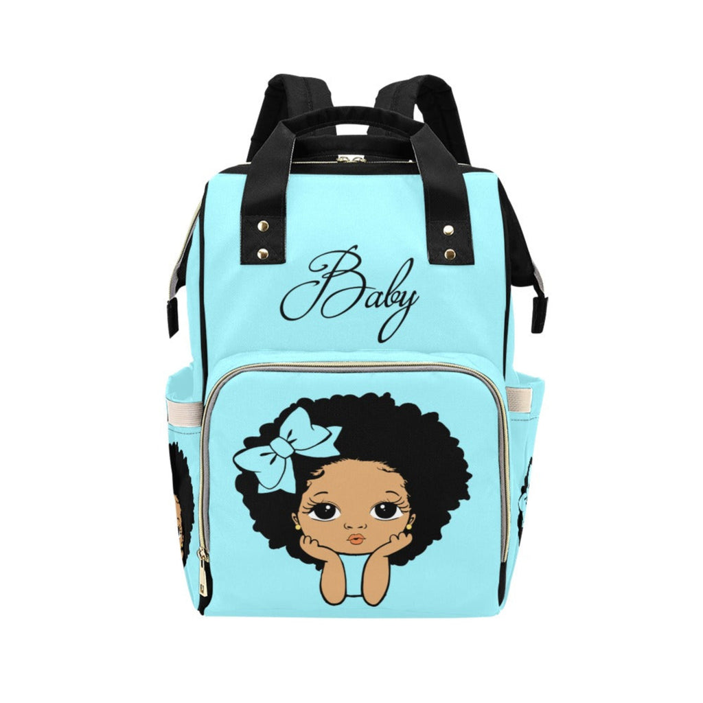 Designer Diaper Bag Lighter Skin African American Girl Electric Blue Waterproof Diaper Bag Backpack