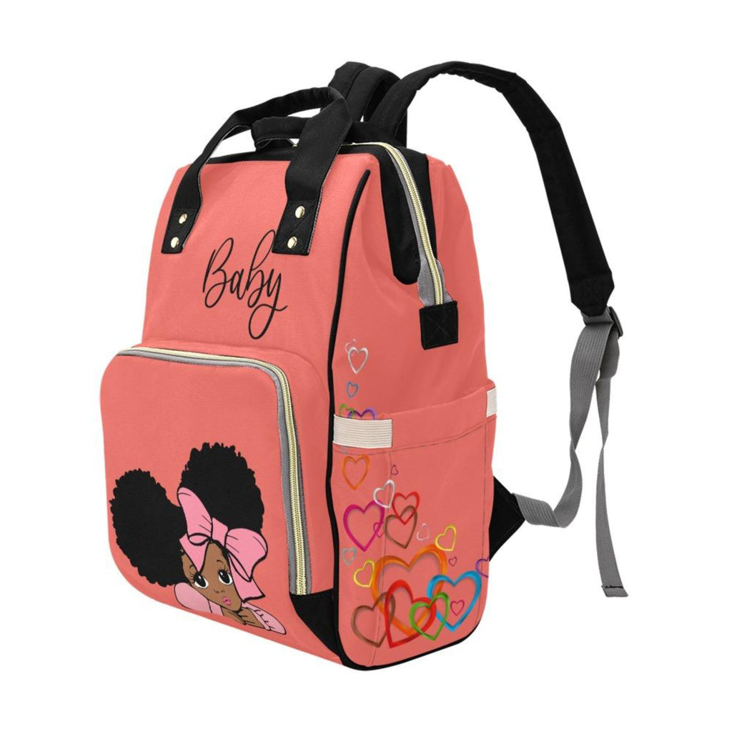 Designer Diaper Bag - African American Baby Girl With Afro Pigtails Coral Multi-Function Backpack