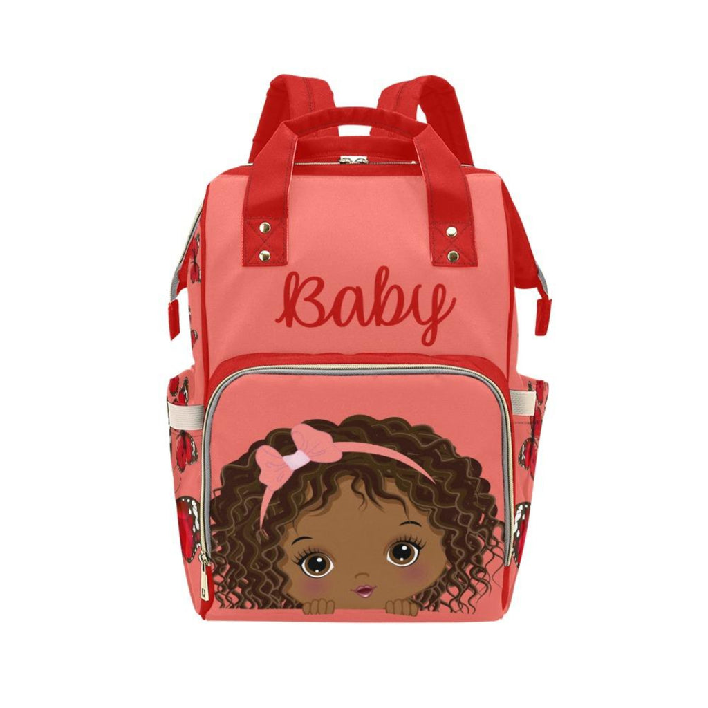 Adorable African American Baby Girl With Pink Bow On Coral Diaper Bag Backpack